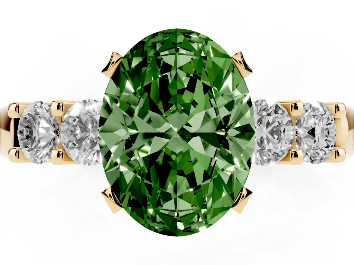 Fancy Green Oval Cut Brilliant Cut Diamond Five-Stone Prong Set Engagement Ring with Channel Band Yellow gold