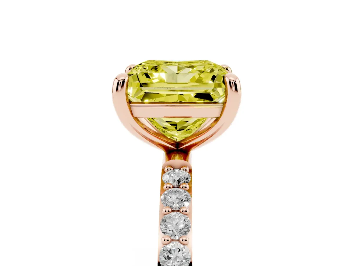 Fancy Yellow Princess Cut Diamond Solitaire Ring with Round Pavé Band and Prong Setting Rose gold