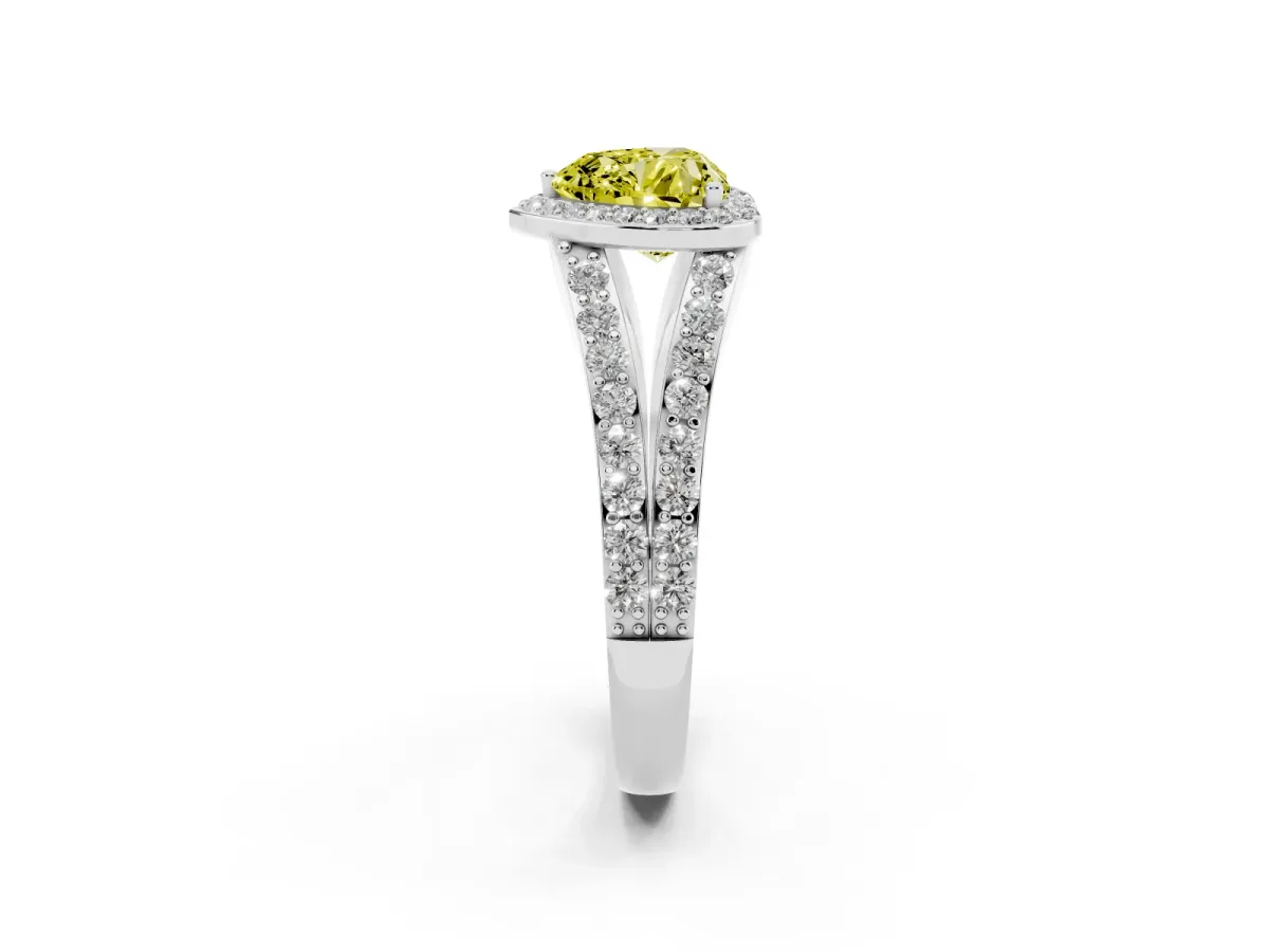 Fancy Yellow Heart Cut Diamond Split Shank Halo Ring with Four-Prong Setting Platinum