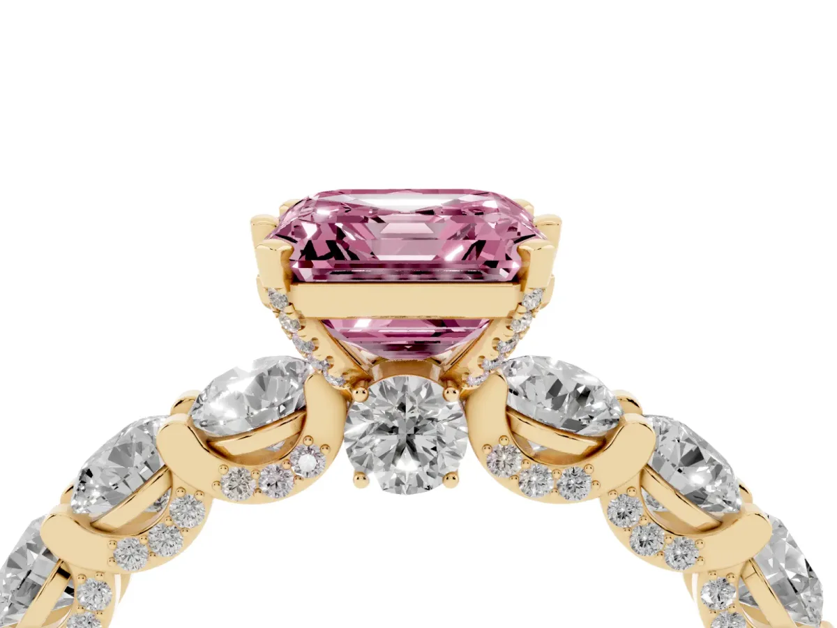 Fancy Pink Asscher Cut Diamond Side Stone Engagement Ring with Four-Prong Setting Yellow gold