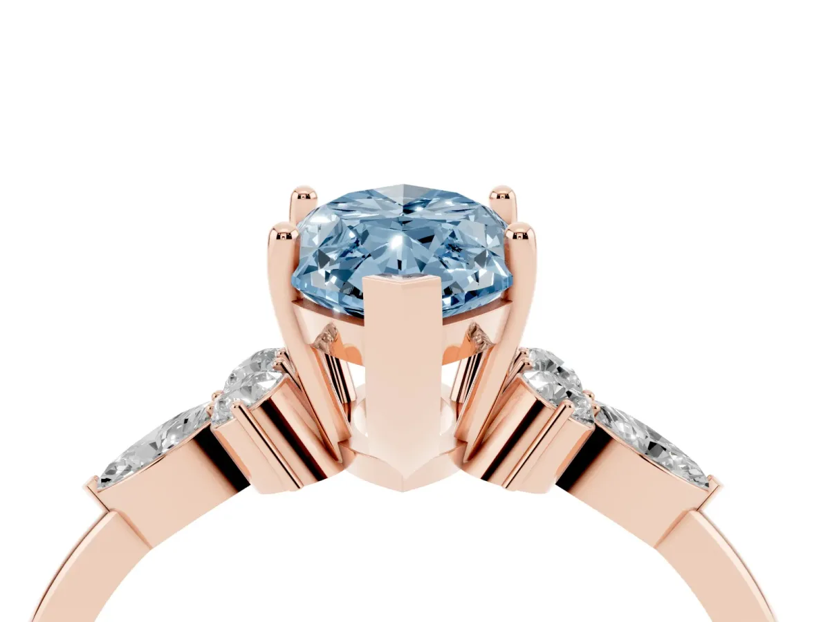 Fancy Blue Marquise Cut Brilliant Diamond Solitaire Ring with Pear Side Stones and Four-Prong Setting Rose gold