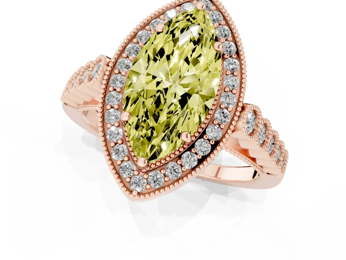 Fancy Yellow Marquise Cut Halo Milgrain Solitaire with Bezel Set Side Stones and Pave Band Rose gold