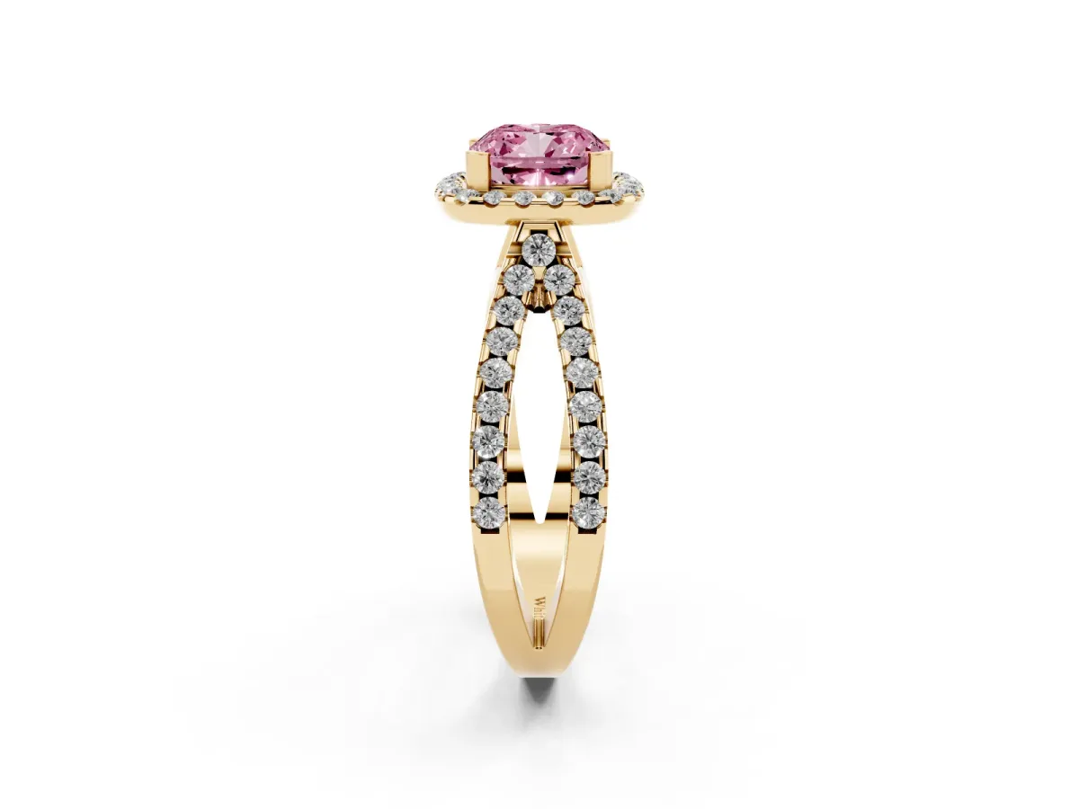 Fancy Pink Cushion Cut Diamond Halo Ring with Split Shank Pavé Band and Prong Setting Yellow gold