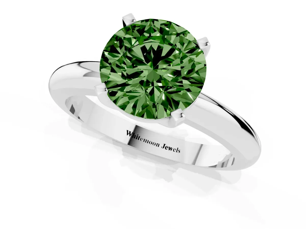 Fancy Green Round Cut Diamond Solitaire Engagement Ring with Round Band and Four-Prong Setting Platinum