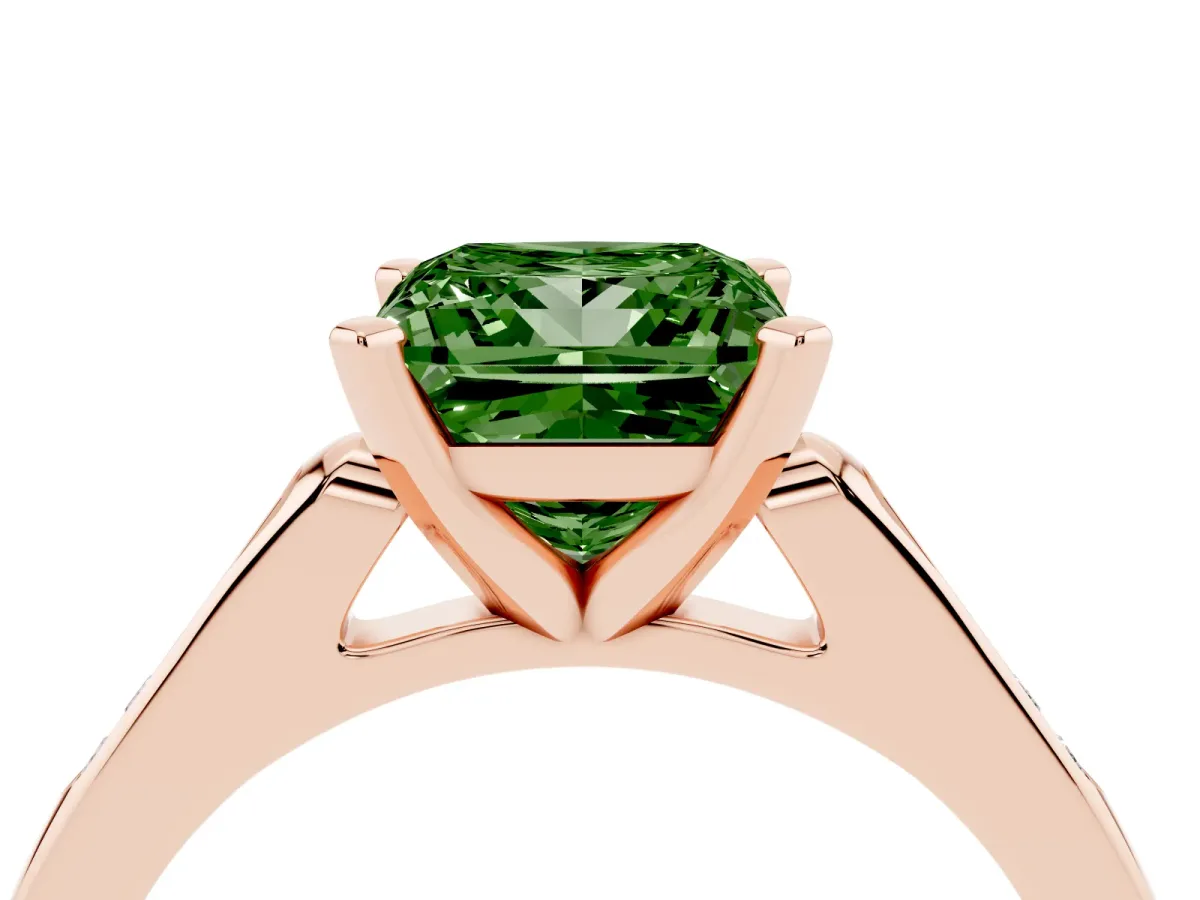 Fancy Green Princess Cut Diamond Solitaire Ring with Channel Set Round Band and Prong Setting Rose gold