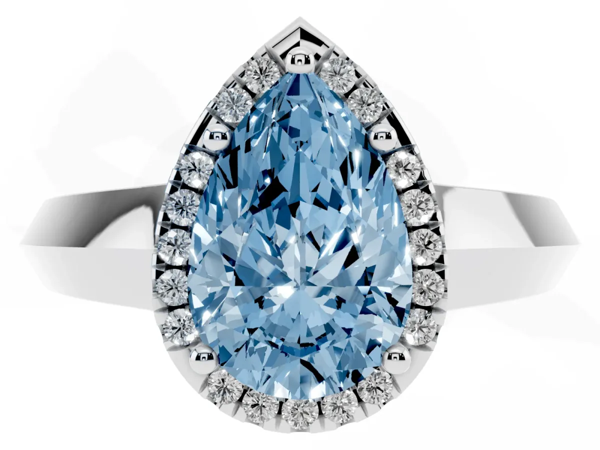 Fancy Blue Pear Cut Halo Diamond Ring with Cathedral Band and Four-Prong Setting White gold