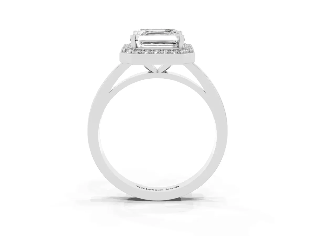 Asscher Cut Halo Diamond Ring with Solitaire Band and Prong Setting Silver