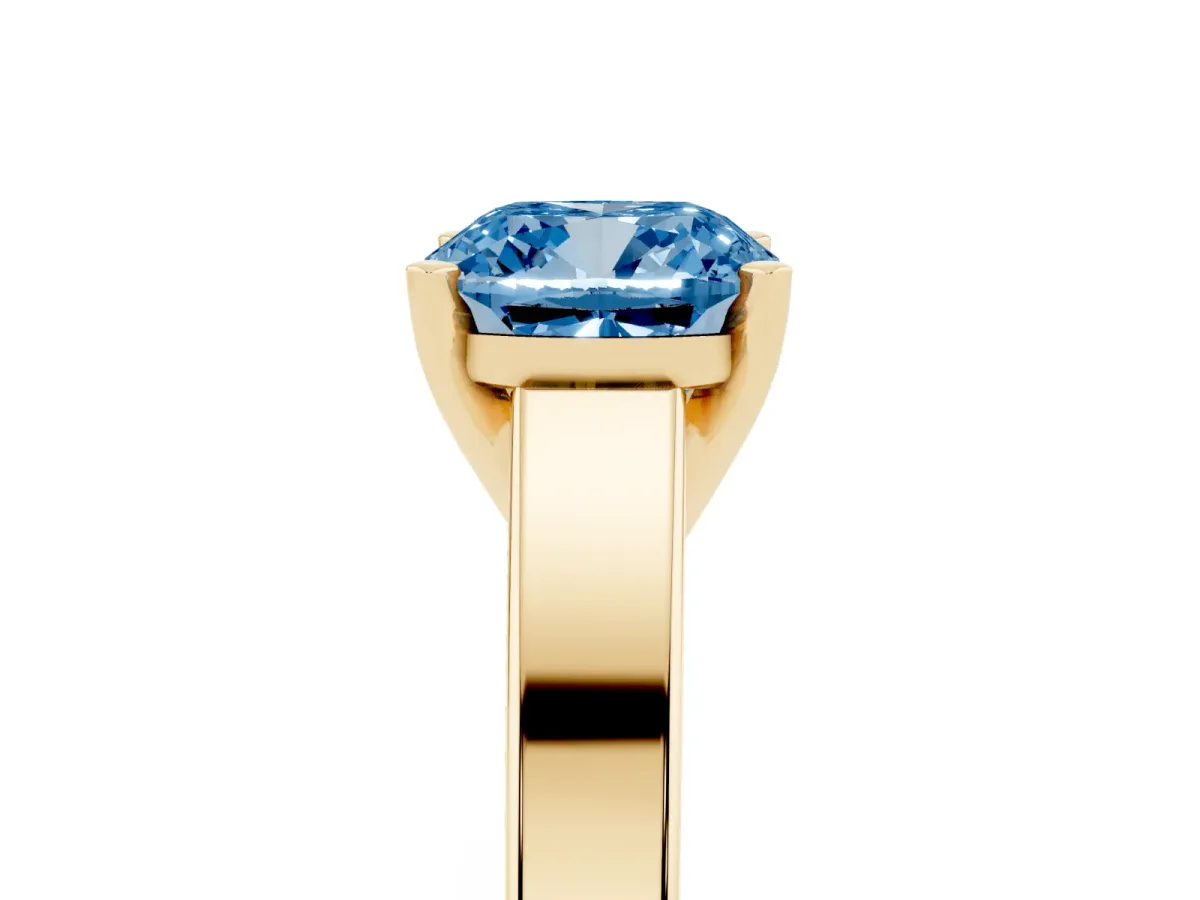 Fancy Blue Cushion Cut Solitaire Engagement Ring with Four-Prong Setting and Tapered Band Yellow gold