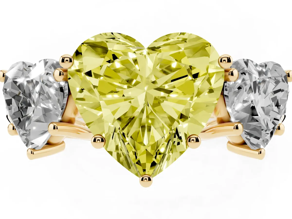 Fancy Yellow Three-Stone Heart Cut Diamond Pavé Band with Prong Setting Yellow gold
