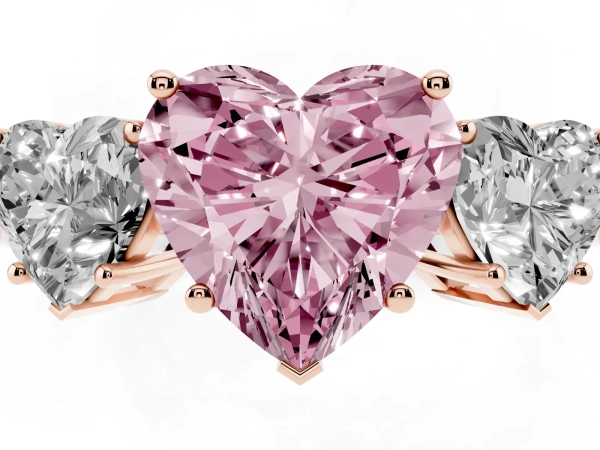 Fancy Pink Three-Stone Heart Cut Cut Diamond Engagement Ring with Flat Band and Four-Prong Setting Rose gold