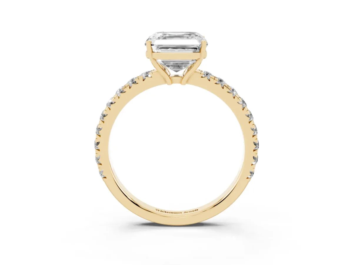 Asscher Cut Diamond Pavé Solitaire Engagement Ring with Four-Prong Setting Yellow gold