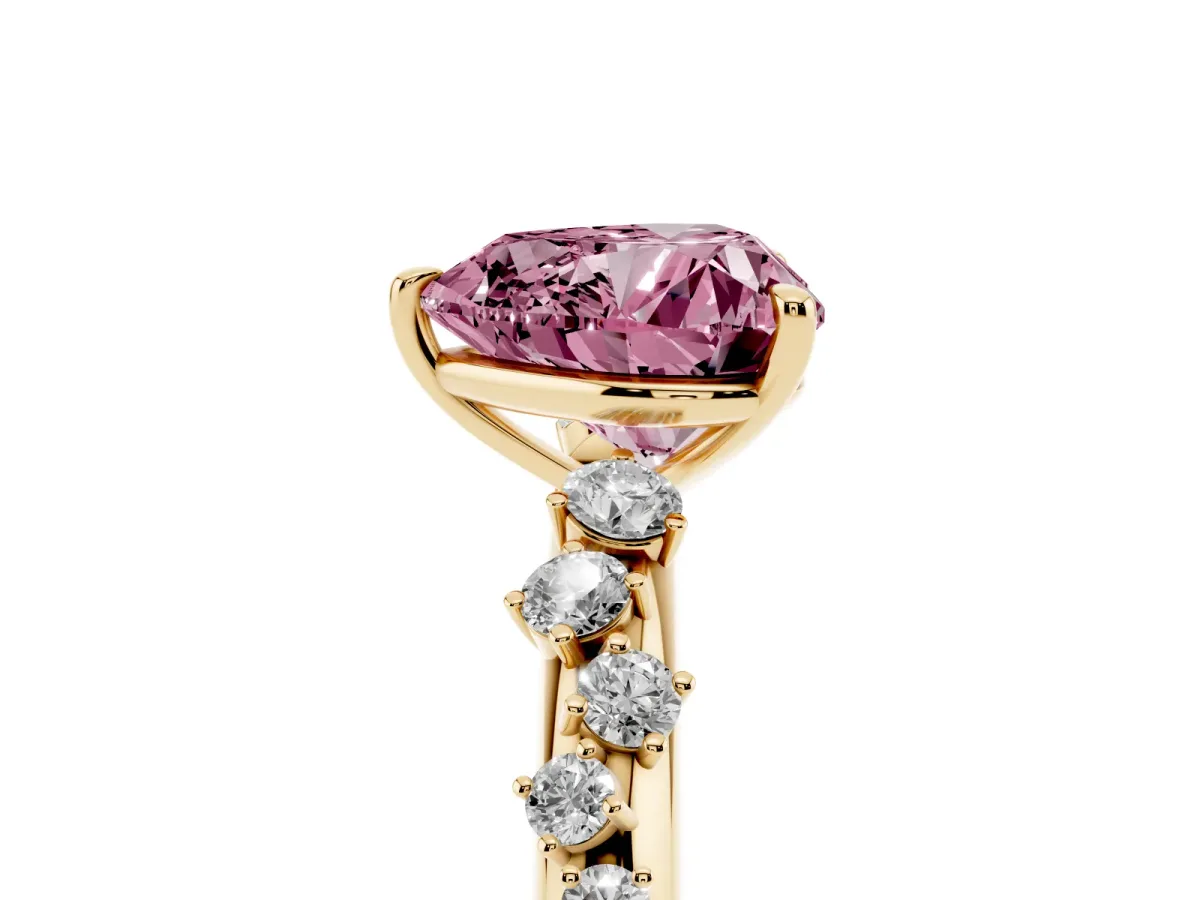 Fancy Pink Heart Cut Diamond Cluster Prong-Set Solitaire Ring Yellow gold