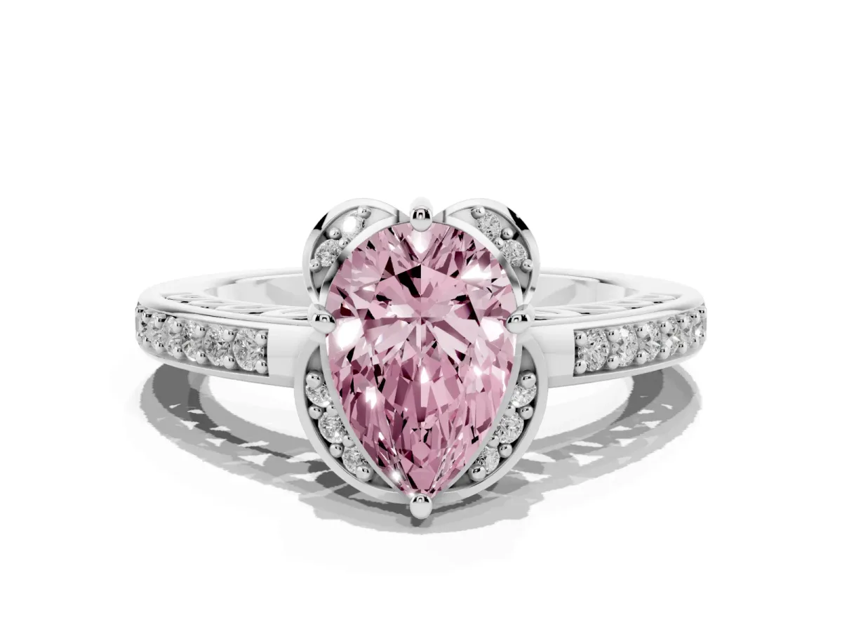 Fancy Pink Pear Cut Cut Halo Diamond Ring with Channel Set Band and Four-Prong Setting Platinum