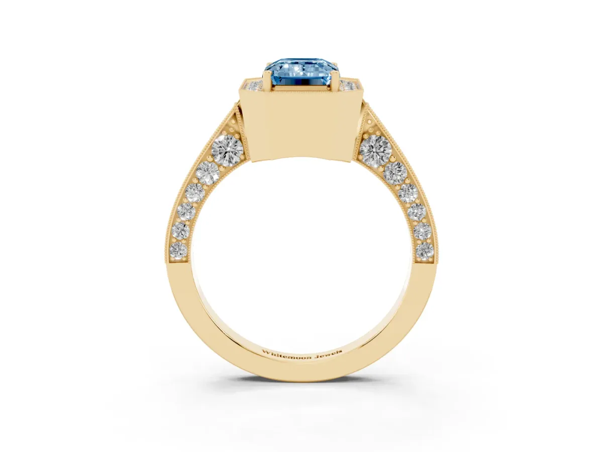 Fancy Blue Emerald Cut Halo Diamond Engagement Ring with Split Shank Band and Four-Prong Setting Yellow gold