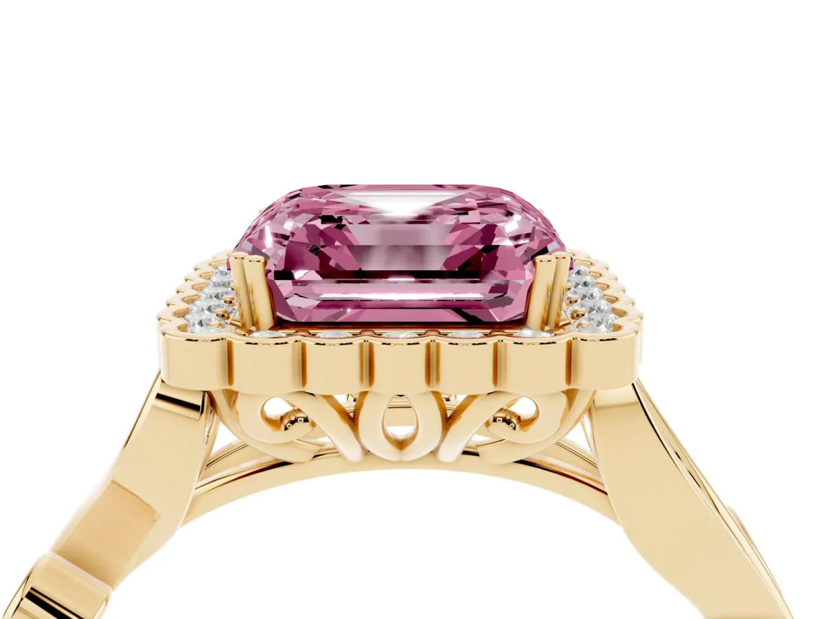 Fancy Pink Asscher Cut Diamond Halo Ring with Vintage Split Shank and Four-Prong Setting Yellow gold