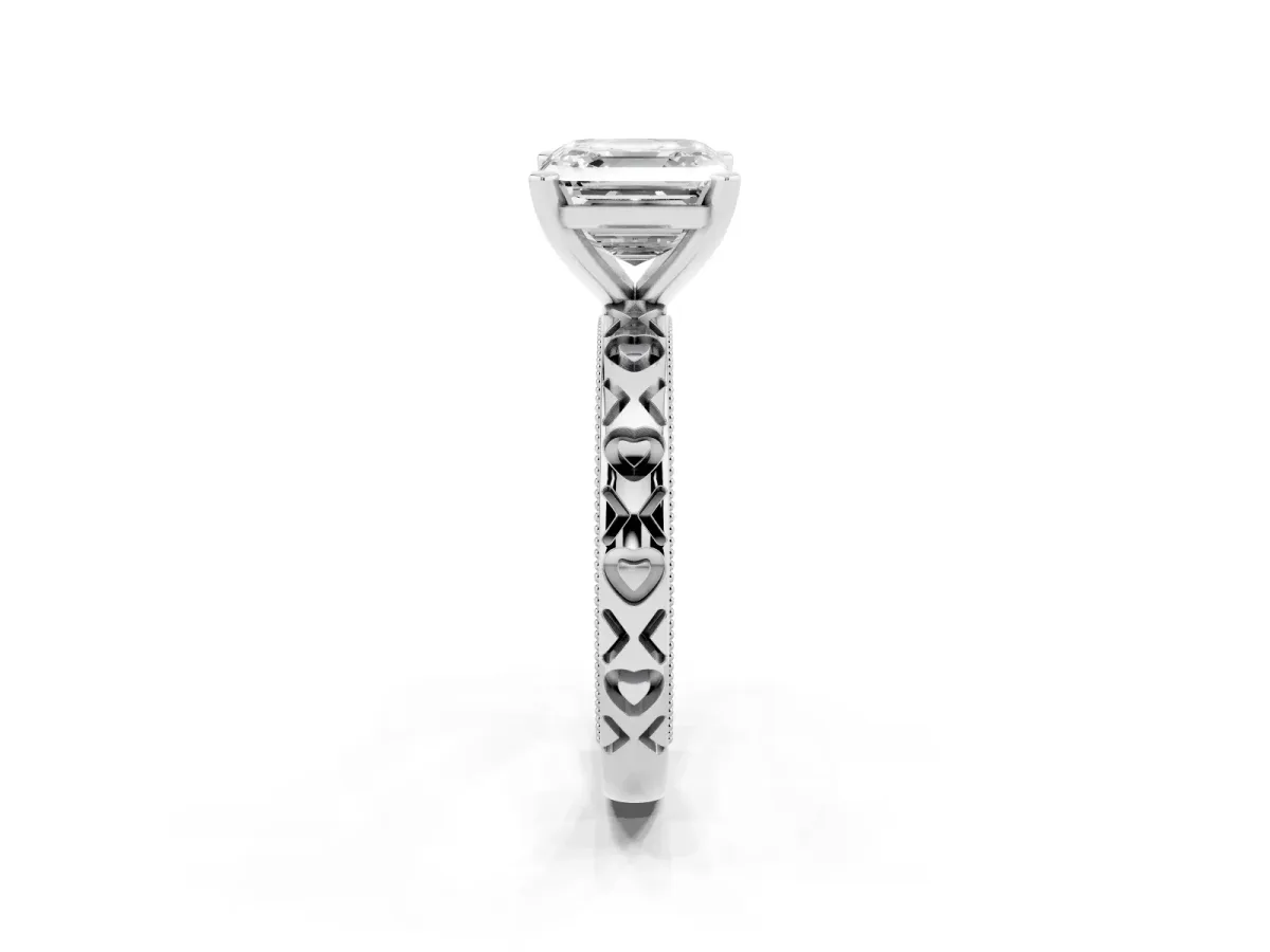 Asscher Cut Solitaire Diamond Engagement Ring with XO Engraved Band and Four-Prong Setting White gold
