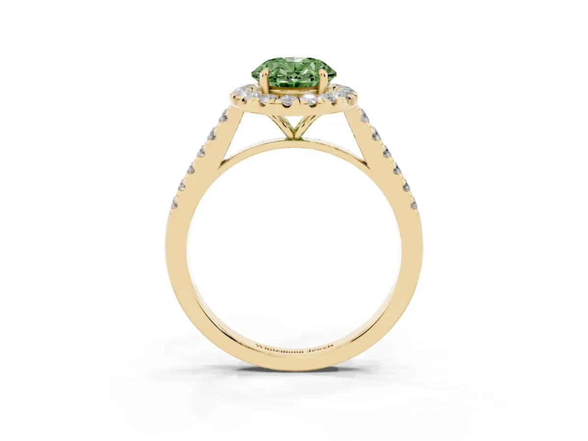Fancy Green Oval Cut Halo Pave Diamond Engagement Ring with Four-Prong Setting Yellow gold