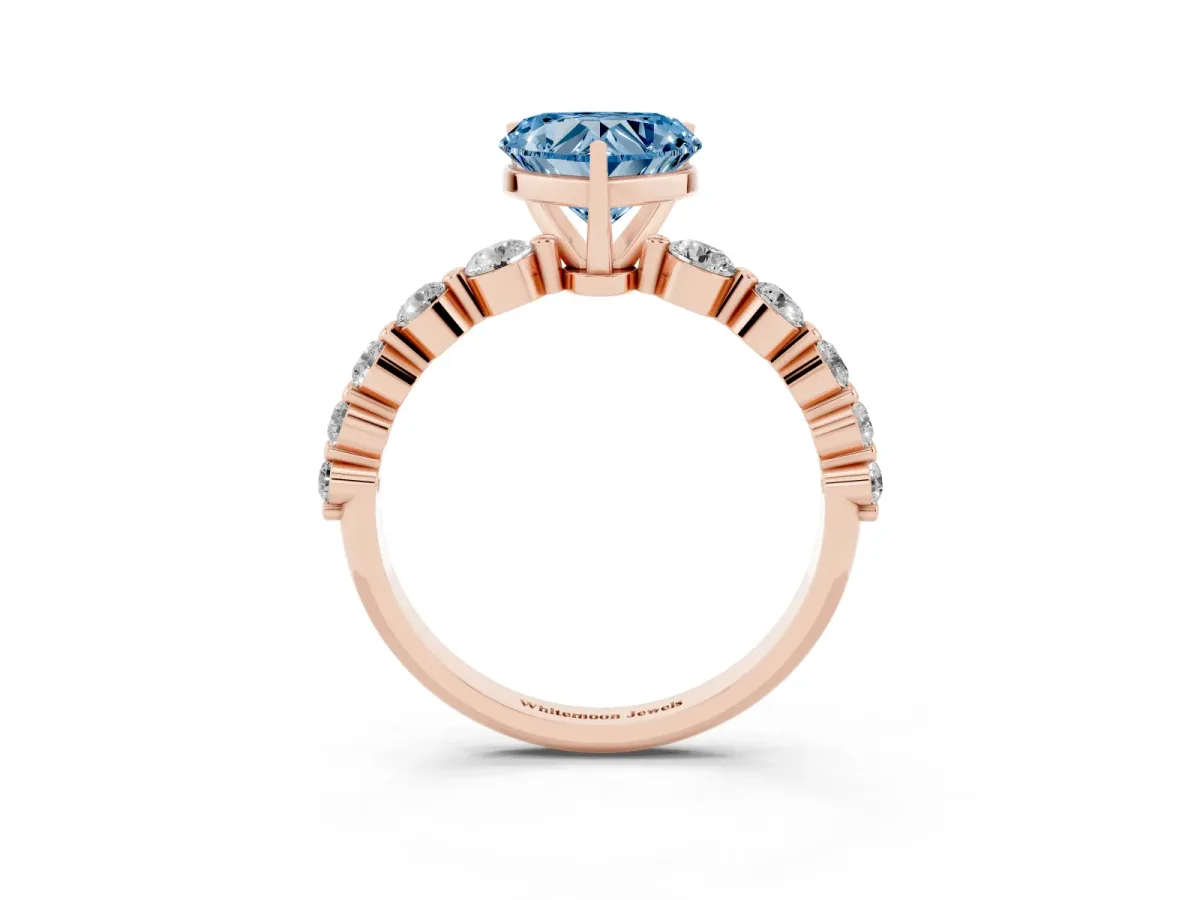 Fancy Blue Heart Cut Solitaire Diamond Ring with Pave Band and Four-Prong Setting Rose gold