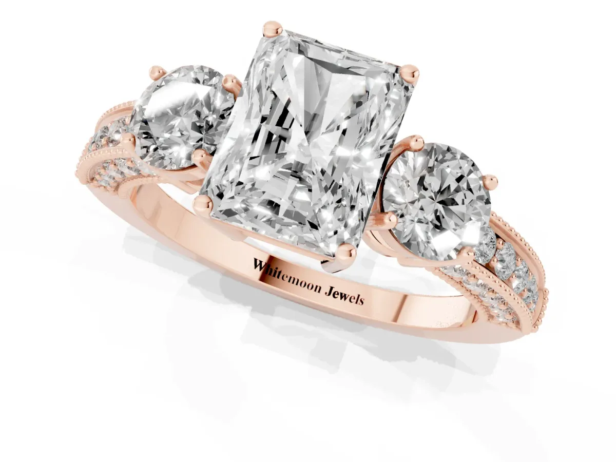 Radiant Cut Three-Stone Diamond Ring with Pavé Band and Four-Prong Setting Rose gold