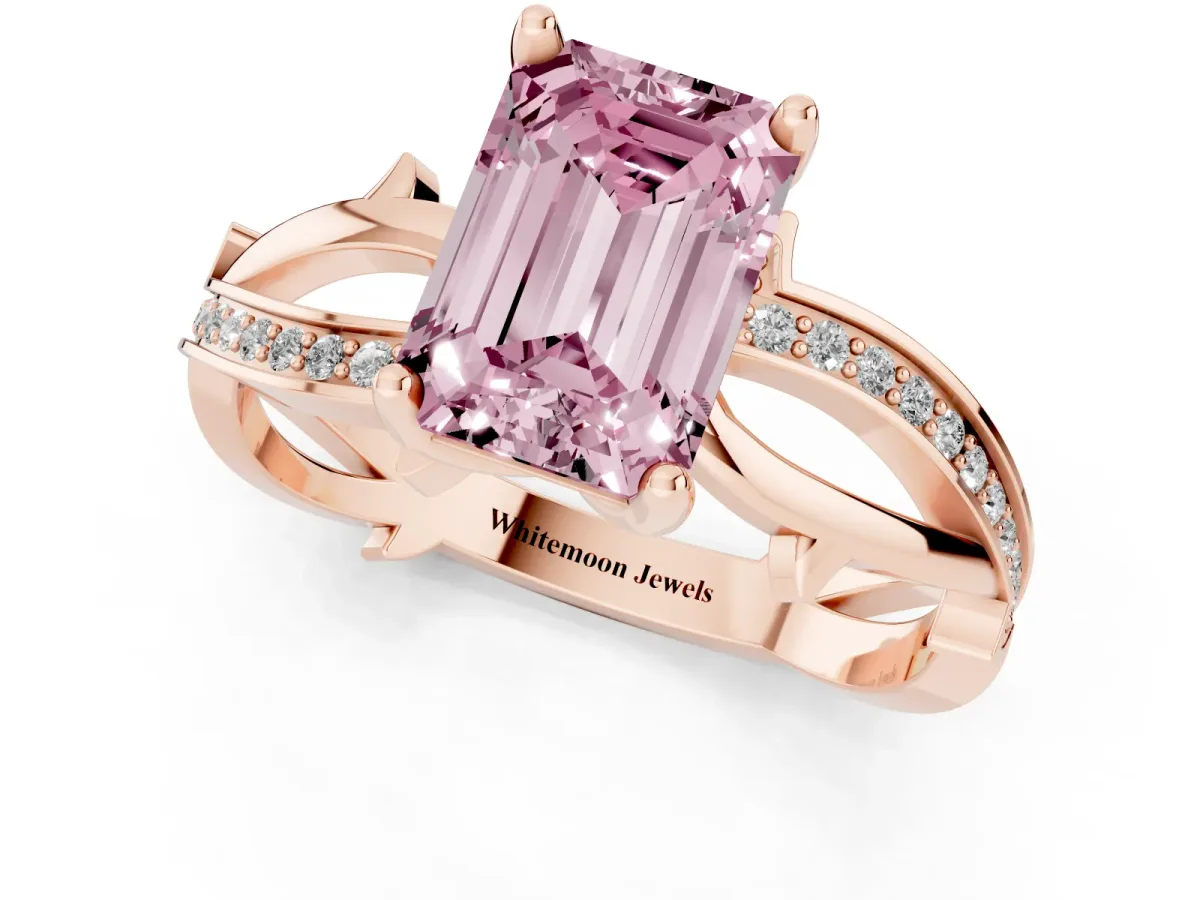 Fancy Pink Emerald Cut Solitaire Twist Band with Pavé Accents and Four-Prong Setting Rose gold
