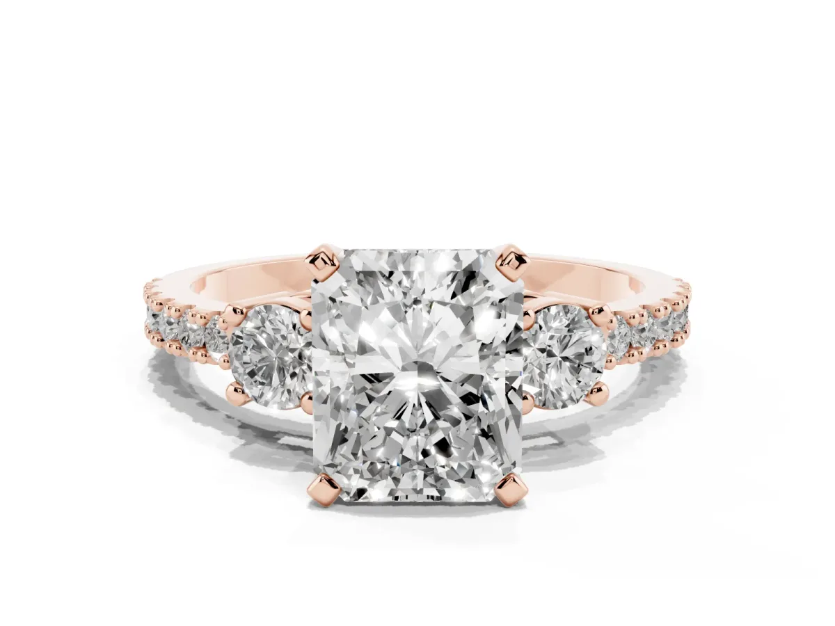 Radiant Cut Three-Stone Diamond Pavé Band with Prong Setting Rose gold