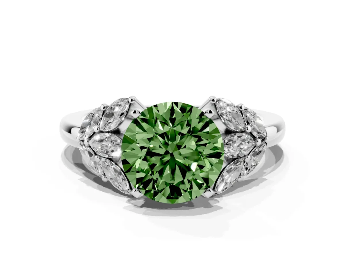 Fancy Green Round Cut Diamond Cluster Leaf Design Ring with Prong Setting Platinum