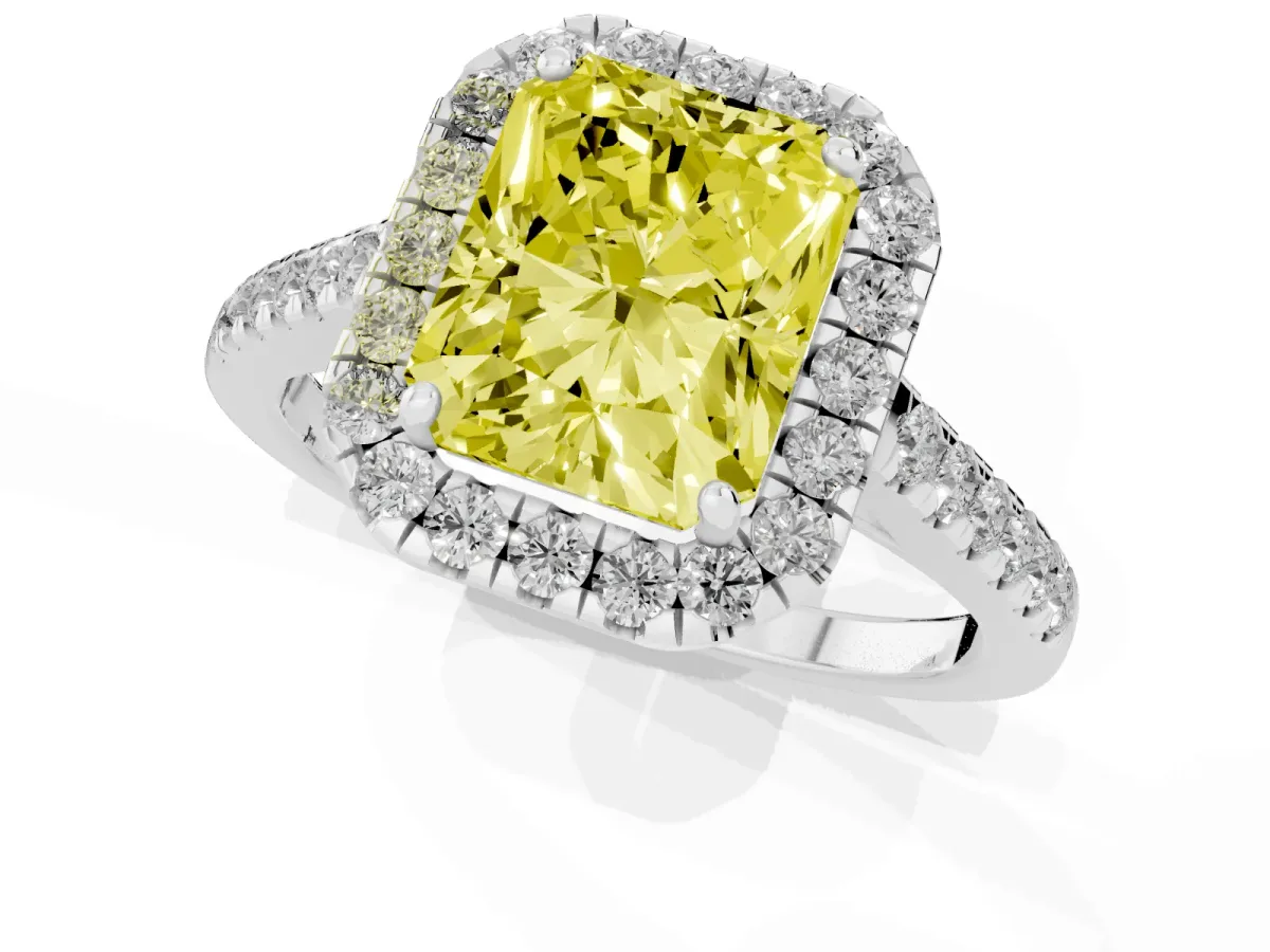 Fancy Yellow Radiant Cut Halo Pave Diamond Engagement Ring with Four-Prong Setting Silver
