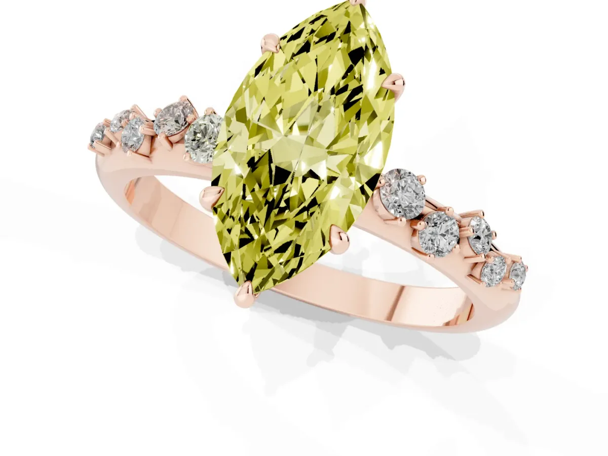 Fancy Yellow Marquise Cut Diamond Cluster Prong-Set Solitaire Ring Rose gold