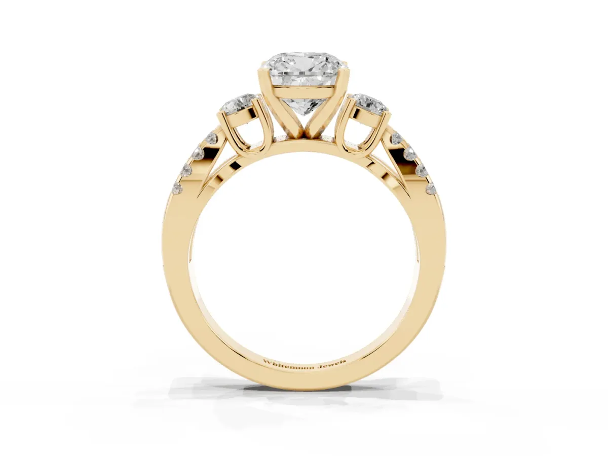 Cushion Cut Diamond Three-Stone Ring with Pavé Split Shank and Four-Prong Setting Yellow gold
