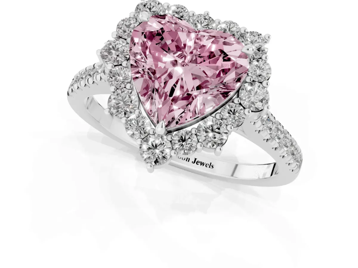 Fancy Pink Heart Cut Halo Diamond Ring with Pavé Band and Prong Setting Silver