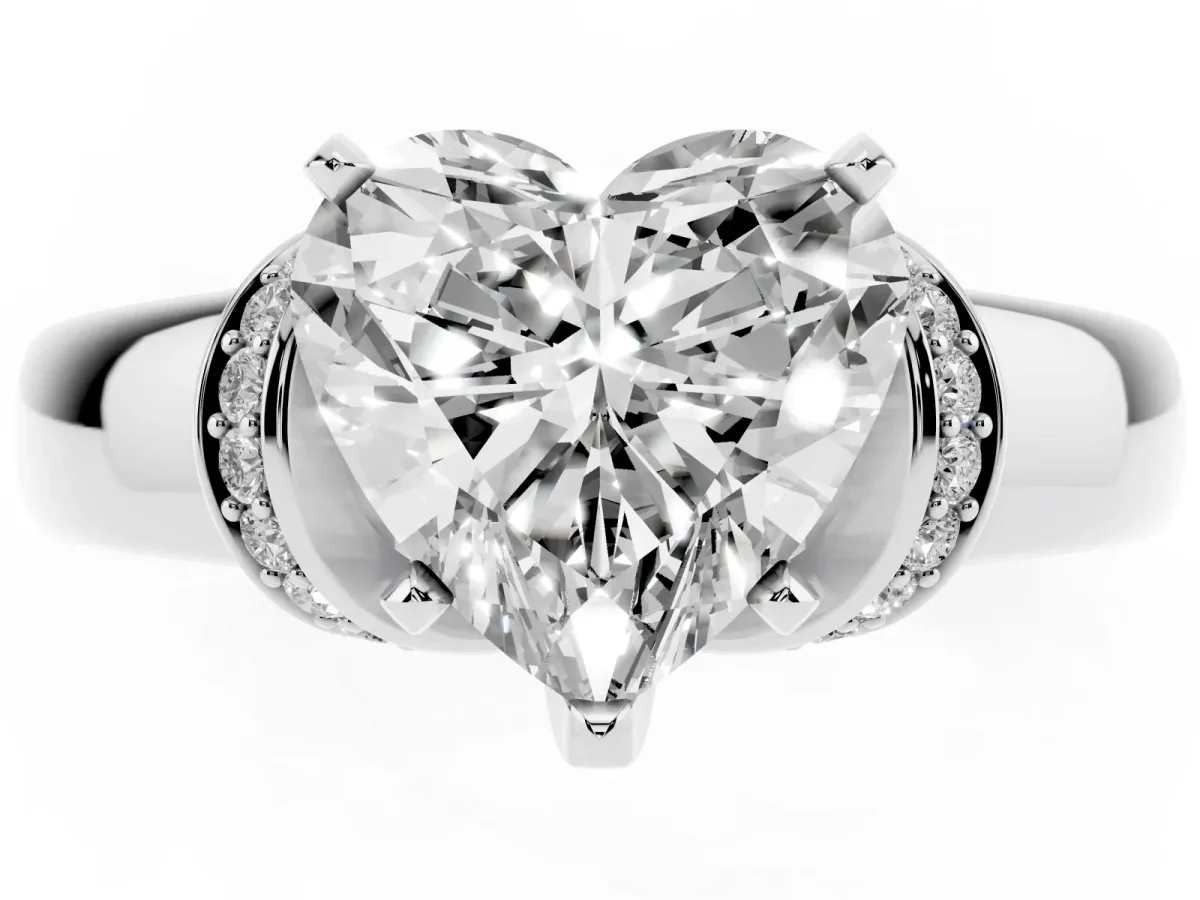 Heart Cut Solitaire Diamond Ring with Pave Band and Six-Prong Setting Silver