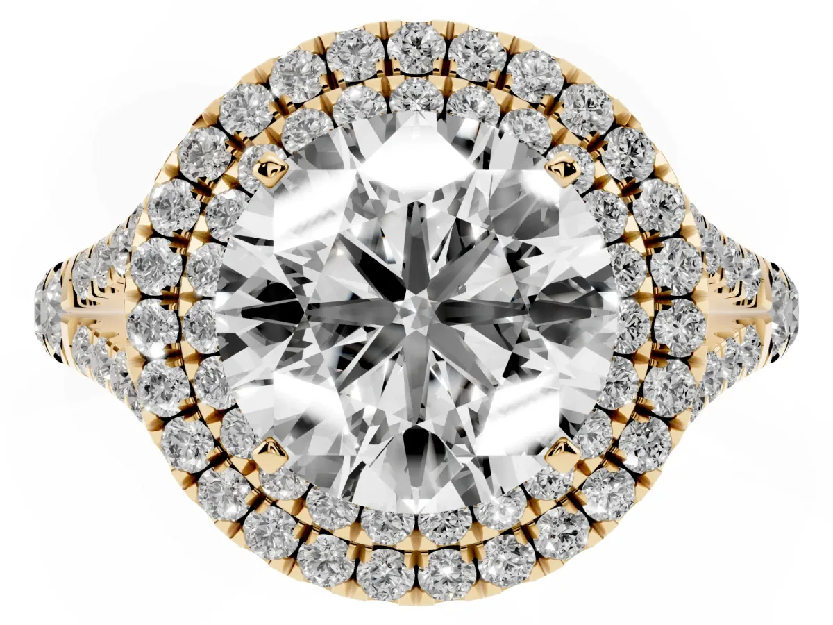 Double Halo Round Cut Diamond Split Shank Engagement Ring with Four-Prong Setting Yellow gold