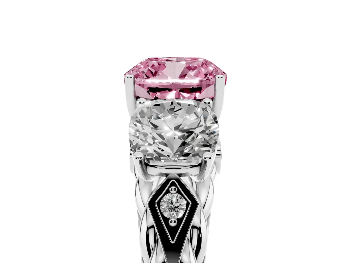 Fancy Pink Three-Stone Cushion Cut Diamond Braided Band Ring with Four-Prong Setting Platinum