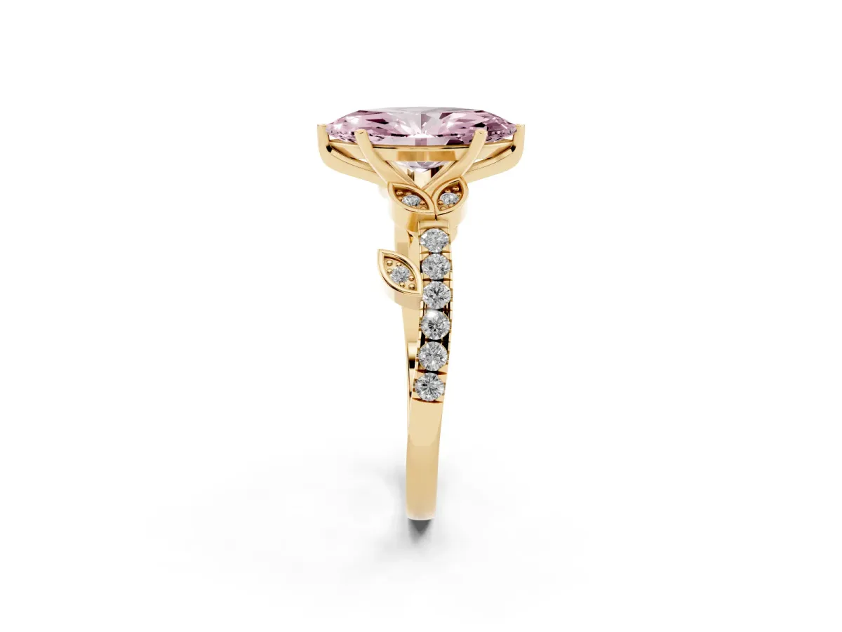 Fancy Pink Marquise Cut Solitaire Leaf-Inspired Diamond Ring with Pavé Band and Four-Prong Setting Yellow gold