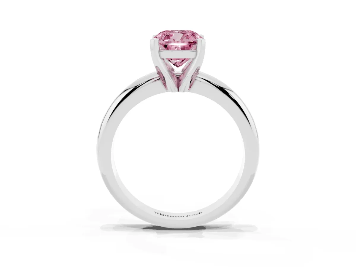Fancy Pink Cushion Cut Diamond Solitaire Engagement Ring with Round Band and Four-Prong Setting White gold