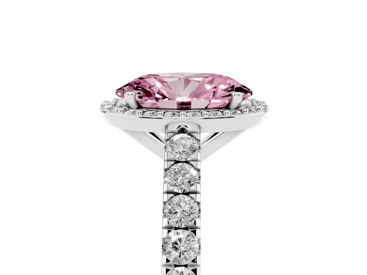 Fancy Pink Oval Cut Cut Halo Diamond Engagement Ring with Pave Band and Four-Prong Setting Silver