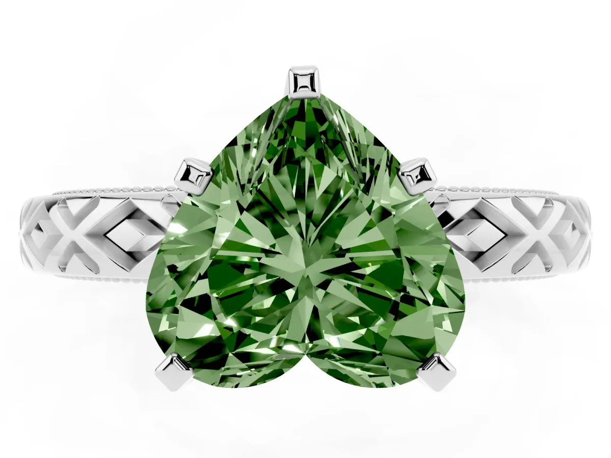Fancy Green Heart Cut Solitaire Diamond Ring with Milgrain and Black Enamel X Pattern Band Silver
