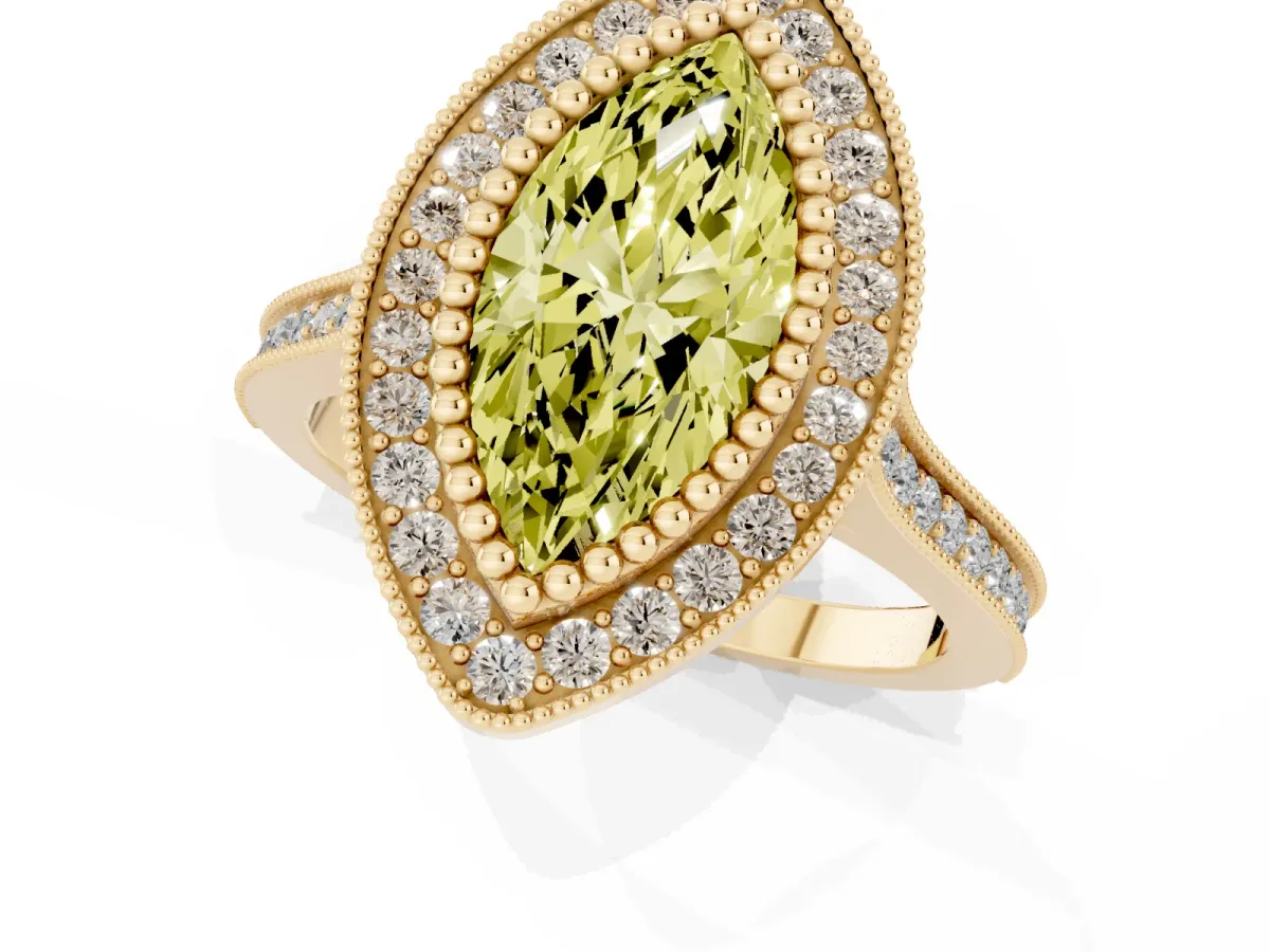Fancy Yellow Marquise Cut Diamond Halo Ring with Milgrain Frame and Pavé Band Yellow gold