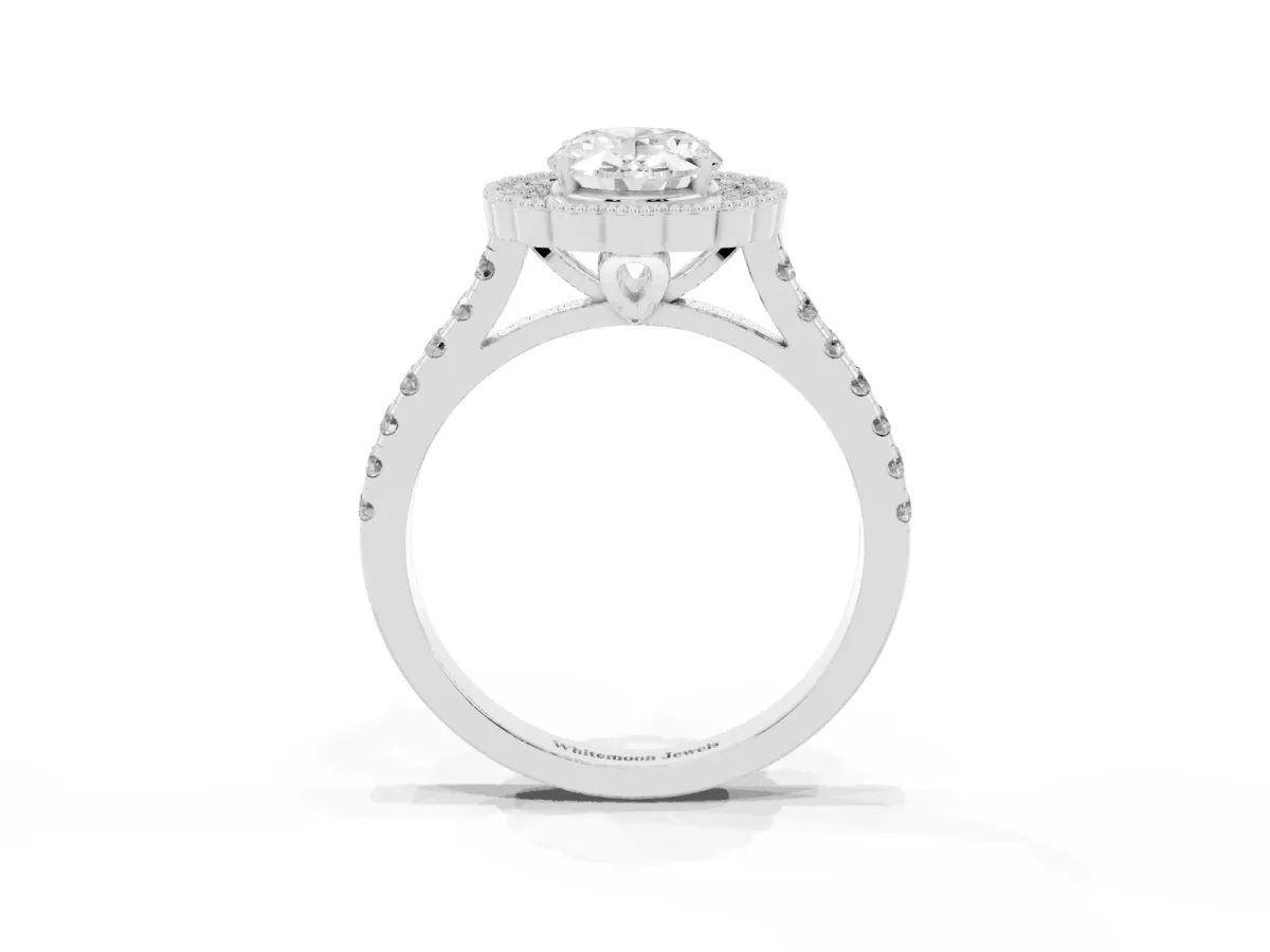 Oval Cut Cut Diamond Milgrain Floral Halo Engagement Ring with Pavé Band White gold
