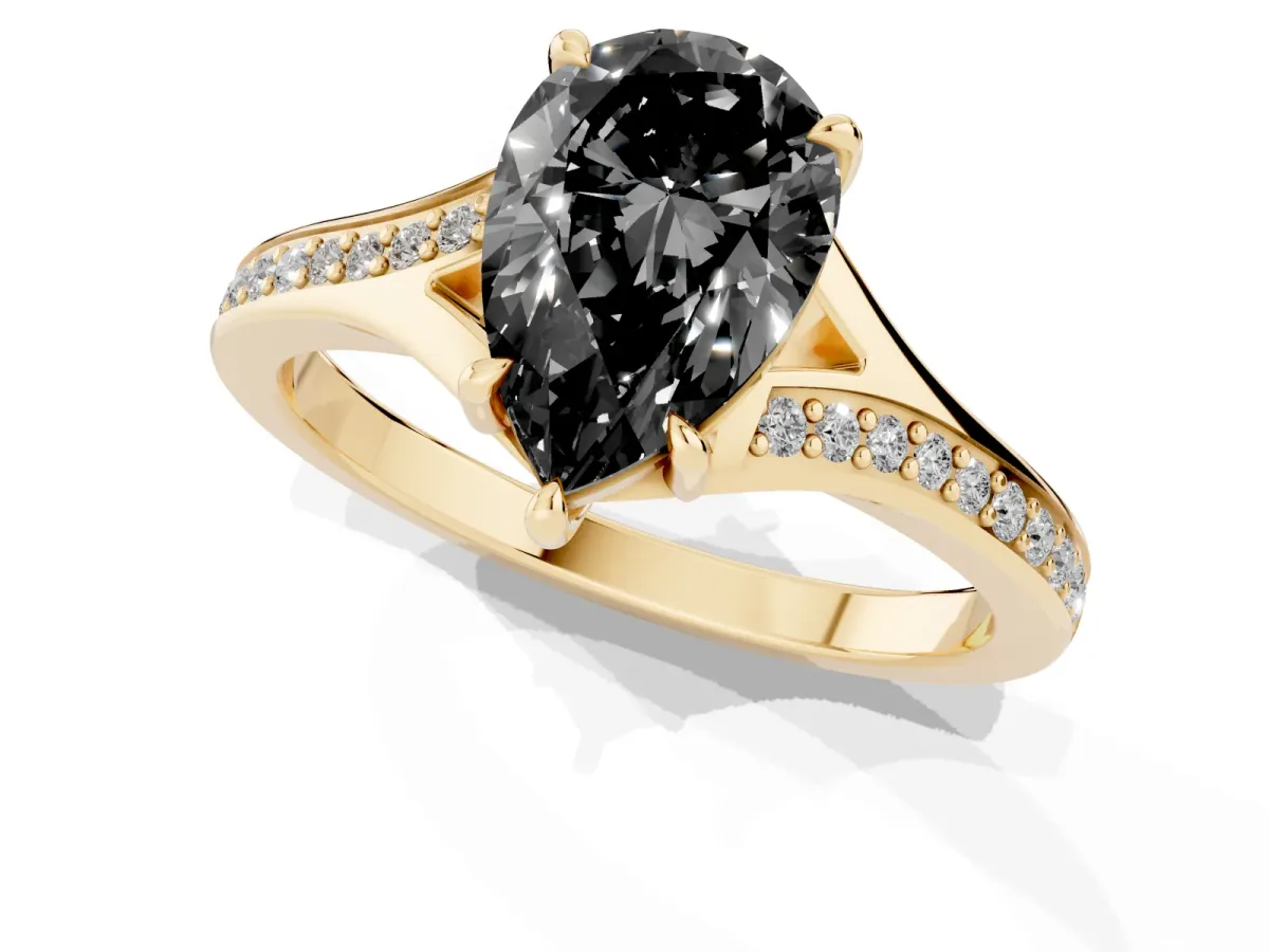 Fancy Black Pear Cut Diamond Solitaire Ring with Pavé Band and Prong Setting Yellow gold