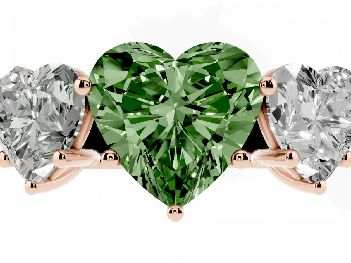 Fancy Green Heart Cut Three-Stone Diamond Ring with Prong Setting on a Classic Band Rose gold