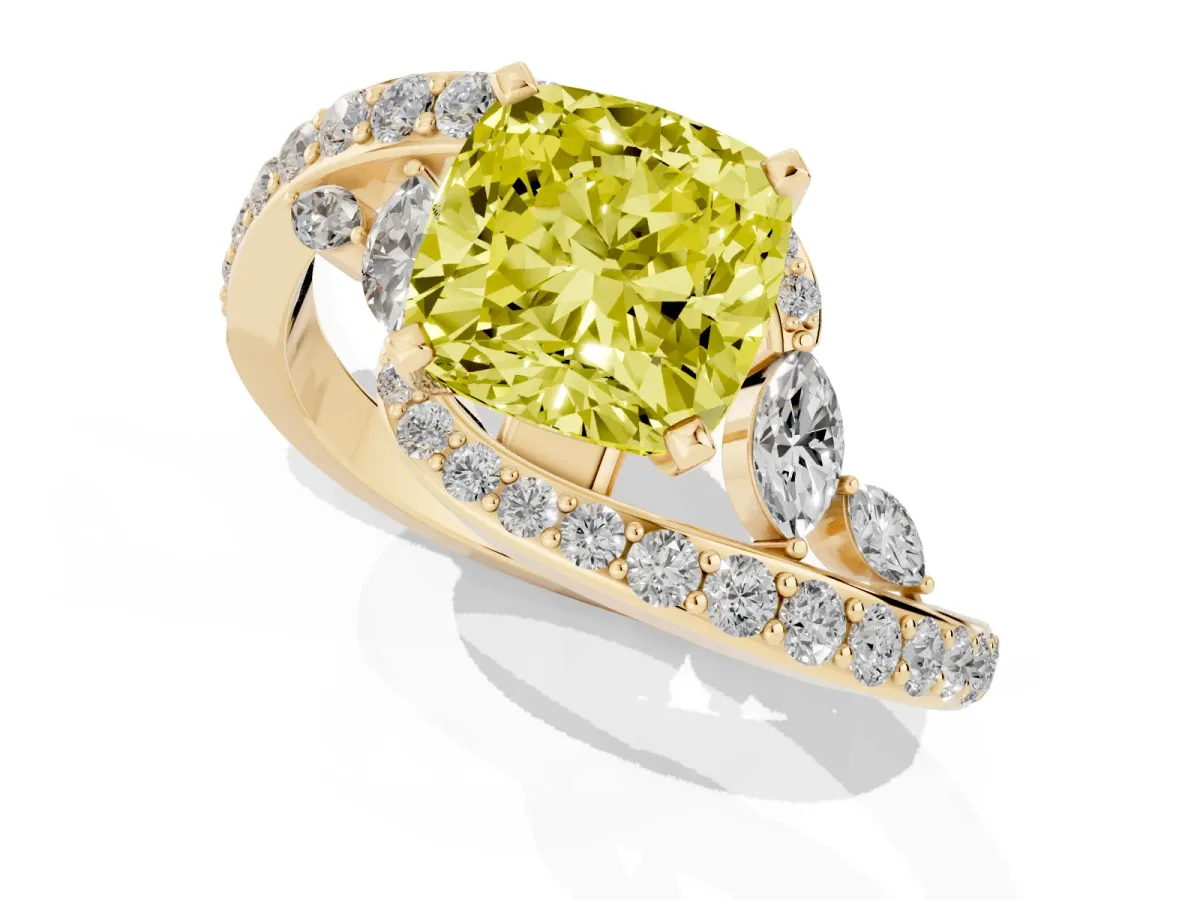 Fancy Yellow Cushion Cut Diamond Solitaire Ring with Filigree Band and Four-Prong Setting Yellow gold