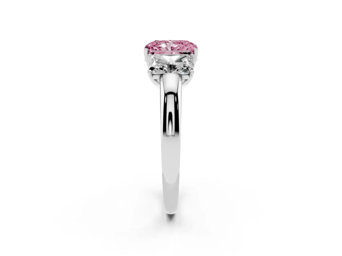 Fancy Pink Radiant Cut Diamond Three-Stone Ring with Four-Prong Setting and Classic Band Silver