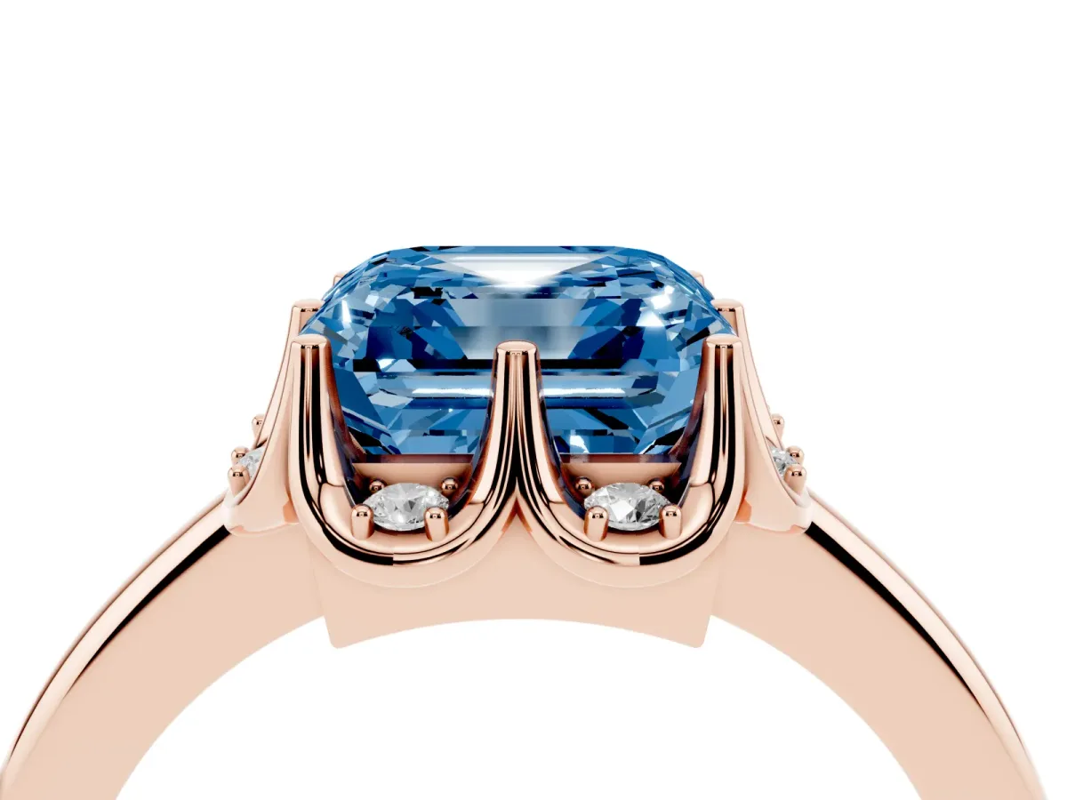 Fancy Blue Asscher Cut Halo Diamond Ring with Round Cluster Setting, Solitaire Band, and Four-Prong Setting Rose gold