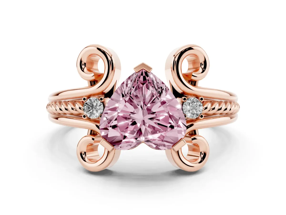 Fancy Pink Heart Cut Solitaire Twisted Band Scroll Prong Ring Rose gold
