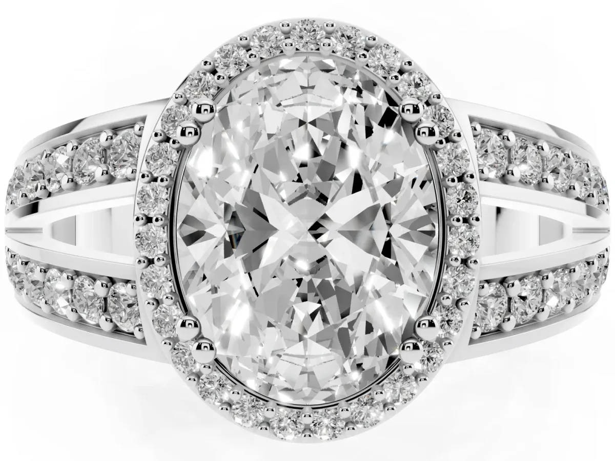 Oval Cut Diamond Halo Ring with Split Shank Pavé Band and Four-Prong Setting Silver