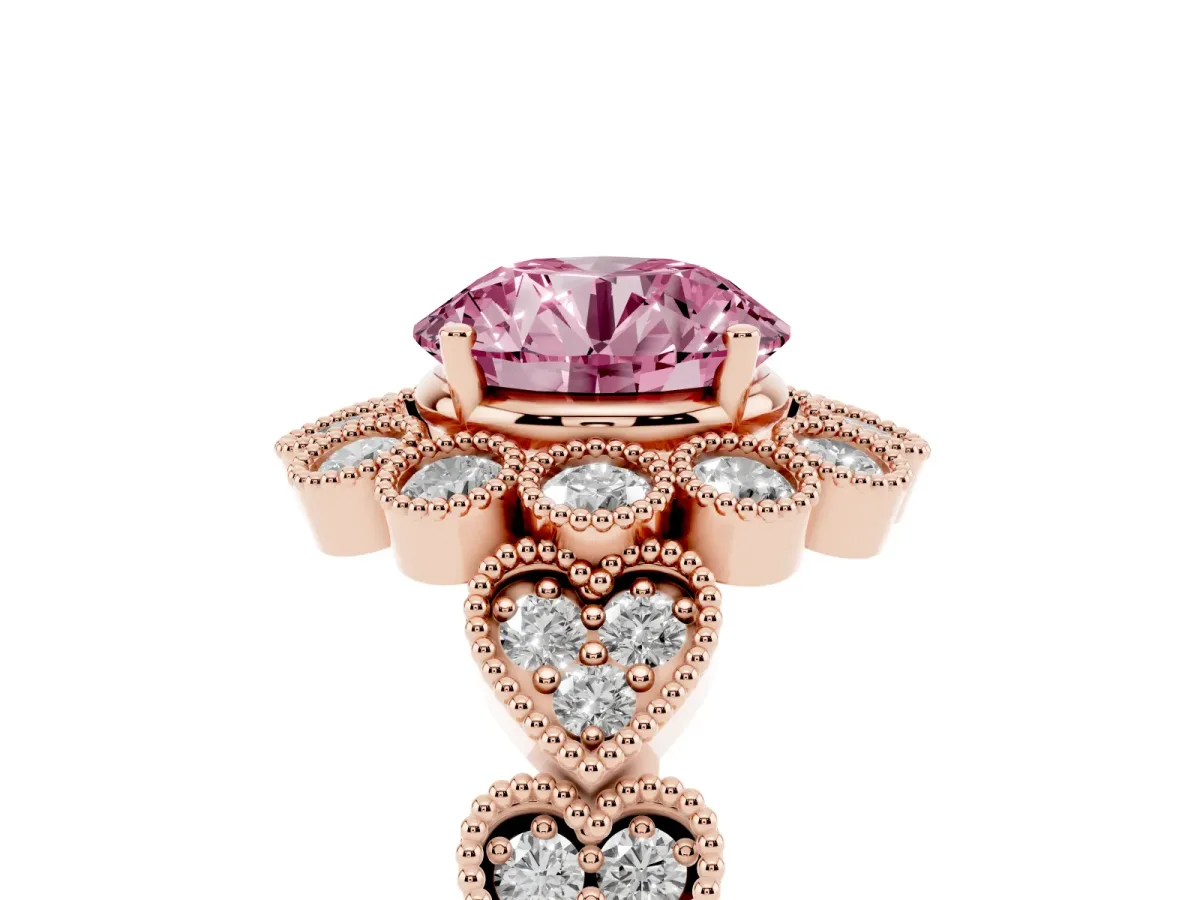 Fancy Pink Round Cut Brilliant Milgrain Pave Heart Band Solitaire Ring Rose gold