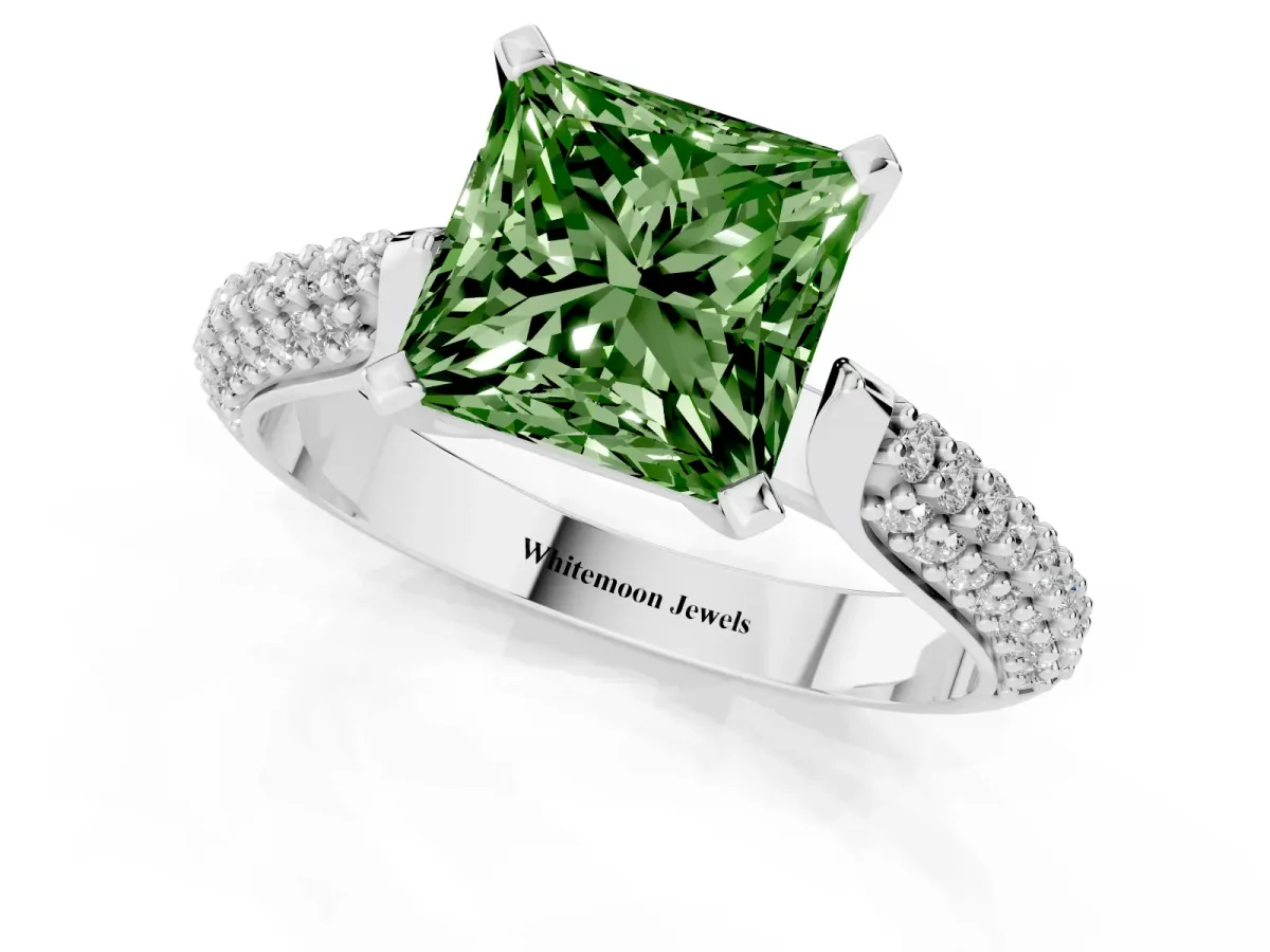 Fancy Green Princess Cut Diamond Solitaire Engagement Ring with Multi-Row Round Pavé Band and Prong Setting Platinum