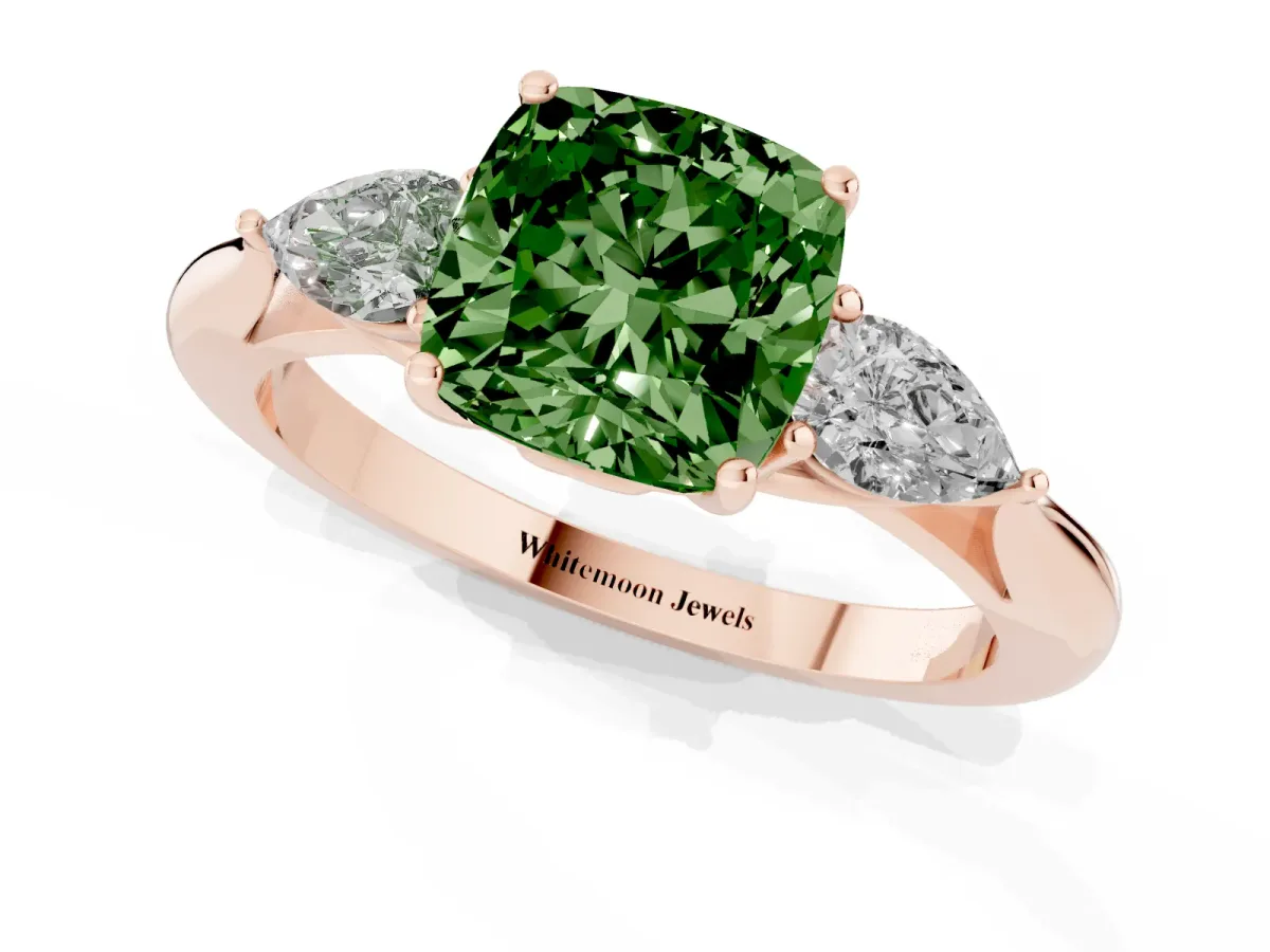 Fancy Green Three-Stone Cushion Cut Diamond Ring with Pear Side Stones in Four-Prong Setting Rose gold