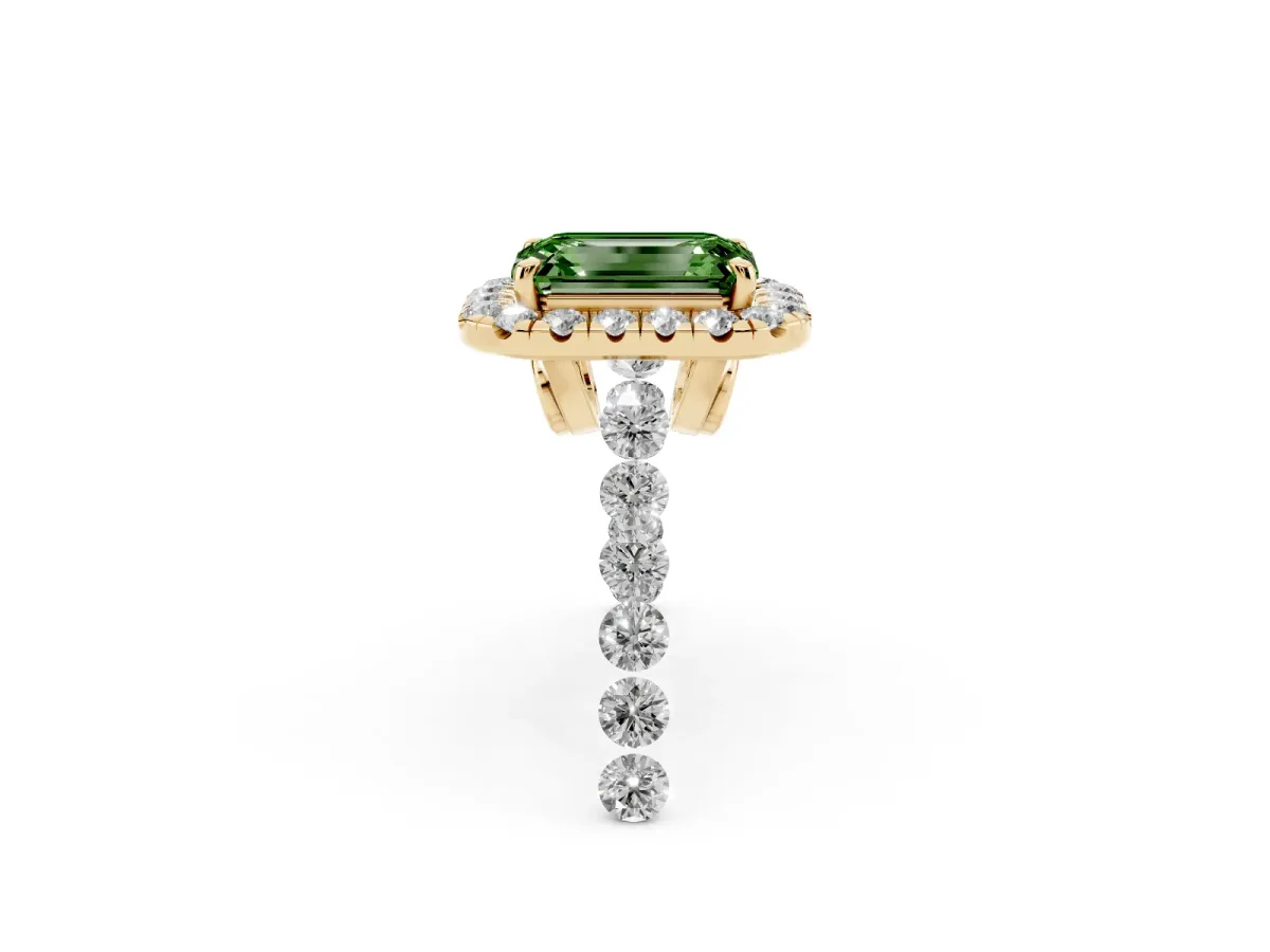 Fancy Green Emerald Cut Halo Pavé Diamond Engagement Ring with Four-Prong Setting Yellow gold